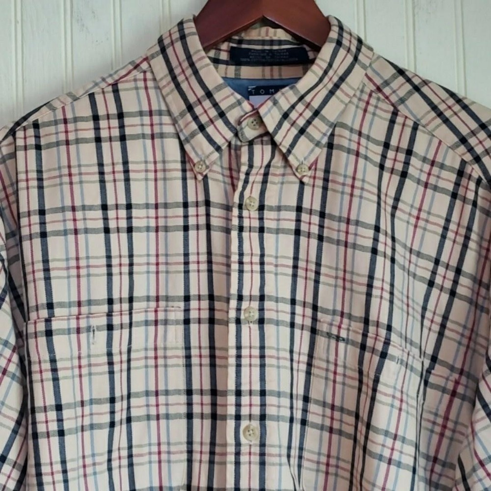 Tommy Hilfiger Shirt Mens Large Beige Plaid Long Sleeve Button Down Crest Logo